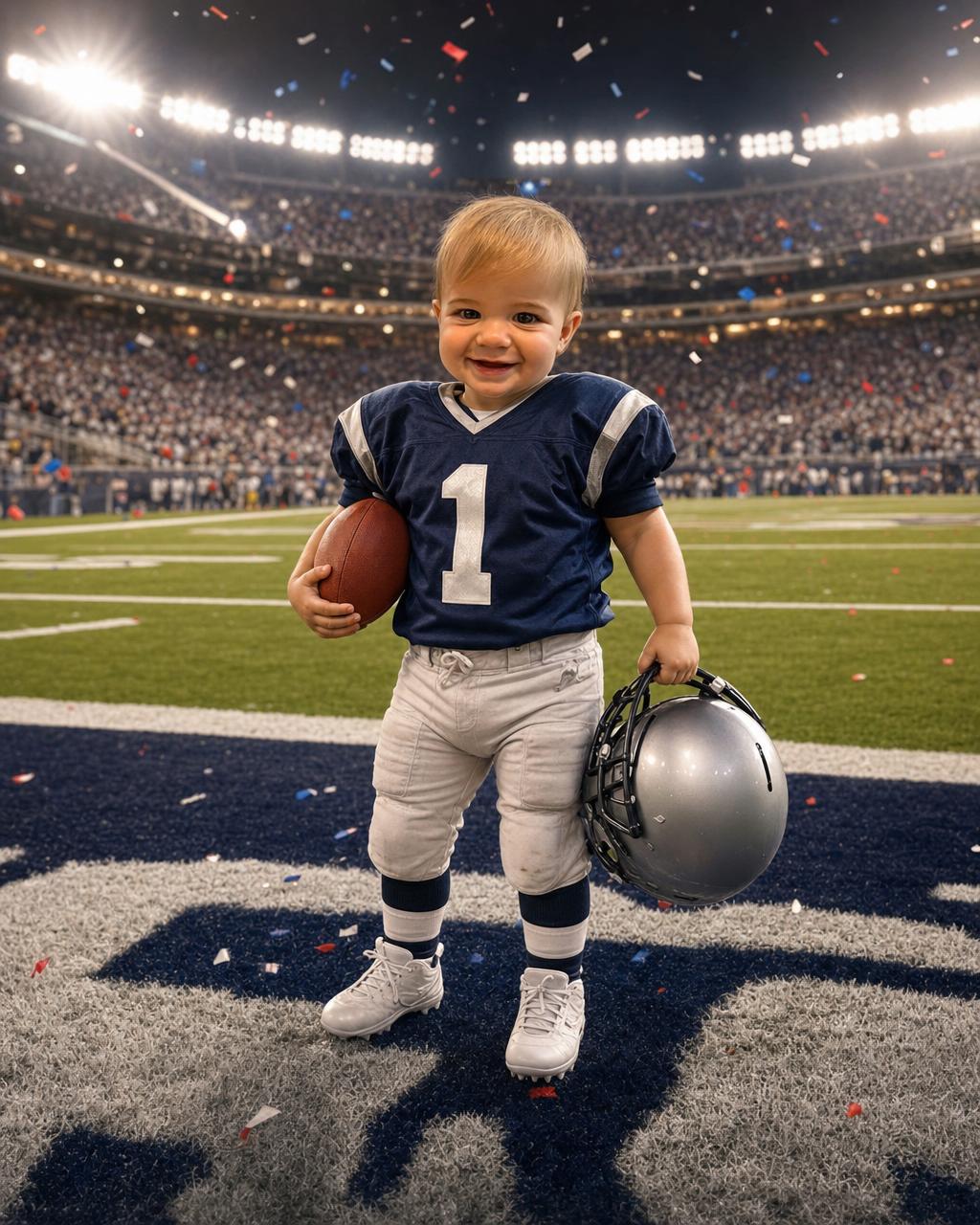 Another Football Star render: a boy holding a football on a green gridiron field with painted yard lines and a roaring grandstand glowing behind him.