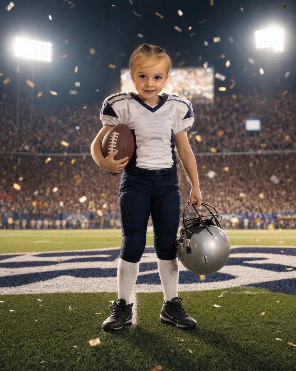 A girl reimagined as a football star celebrating the winning touchdown in the end zone, an example of the personalized football puzzle keeping the child's likeness.