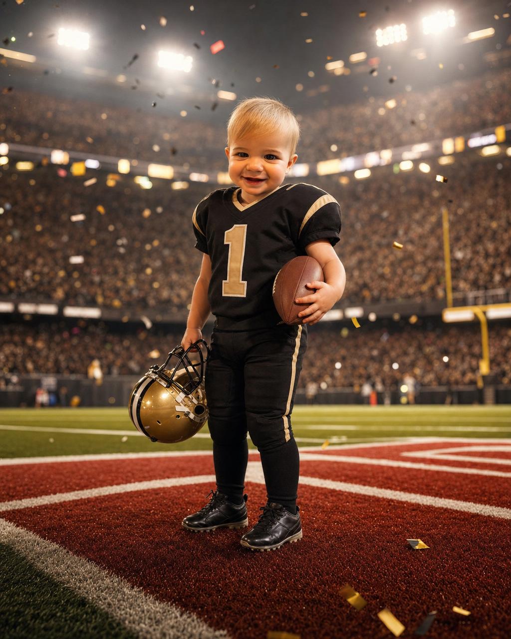 Personalized football puzzle showing a boy as a young American football star in a team uniform and shoulder pads, helmet under one arm, in the end zone under bright stadium lights.