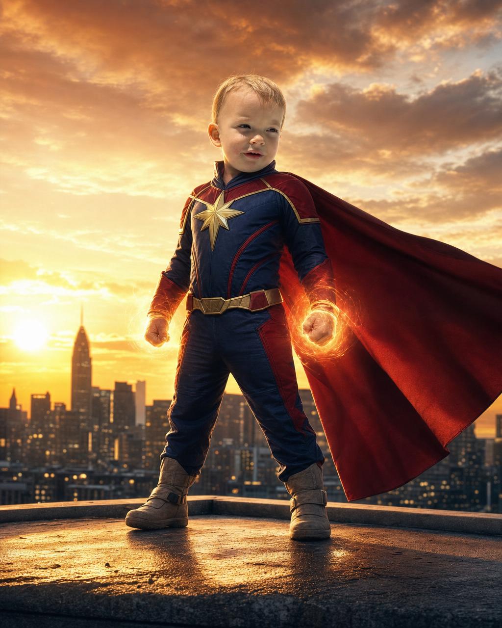 Another Superhero City example: a young hero in a flowing cape on a rooftop with the city skyline glowing behind them at dusk.