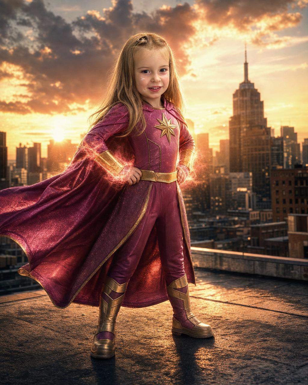 A different child reimagined as a caped superhero above the city, showing how the personalized portrait keeps each kid's real face.