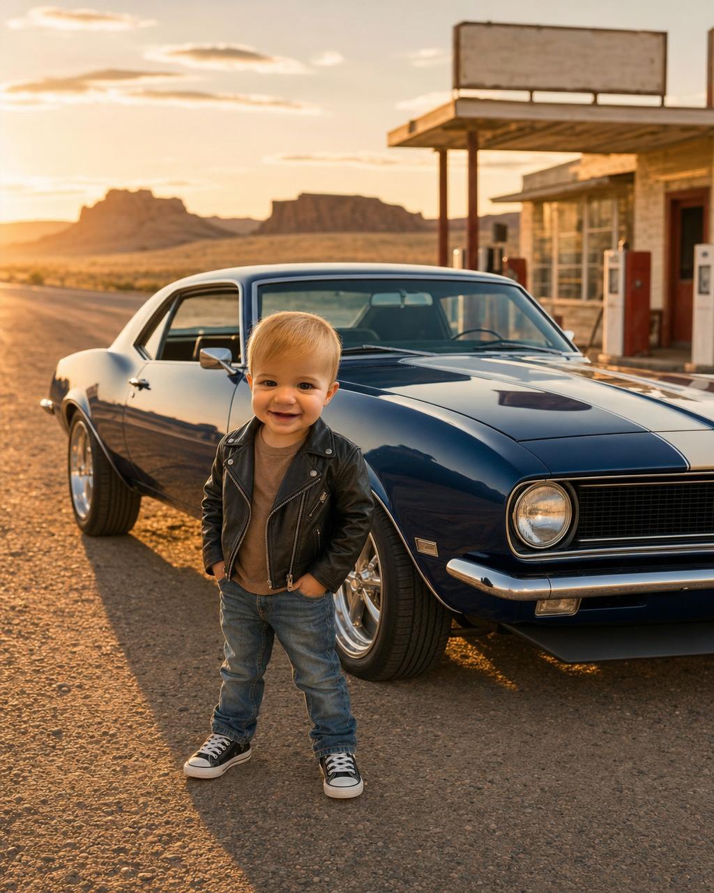 Another Hot Rod Highway example: a young driver in a kid-sized racing jacket beside a chrome-and-stripes muscle car at a retro roadside gas station.
