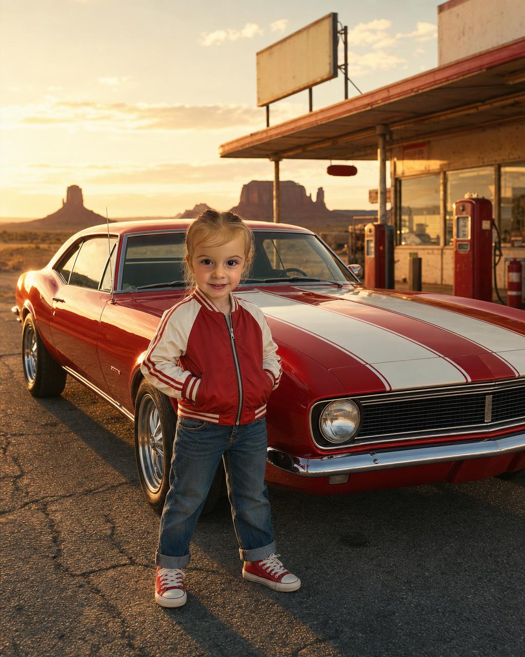A girl reimagined as a classic muscle car driver beside a candy-red hot rod, showing how the personalized portrait keeps each kid's real face.