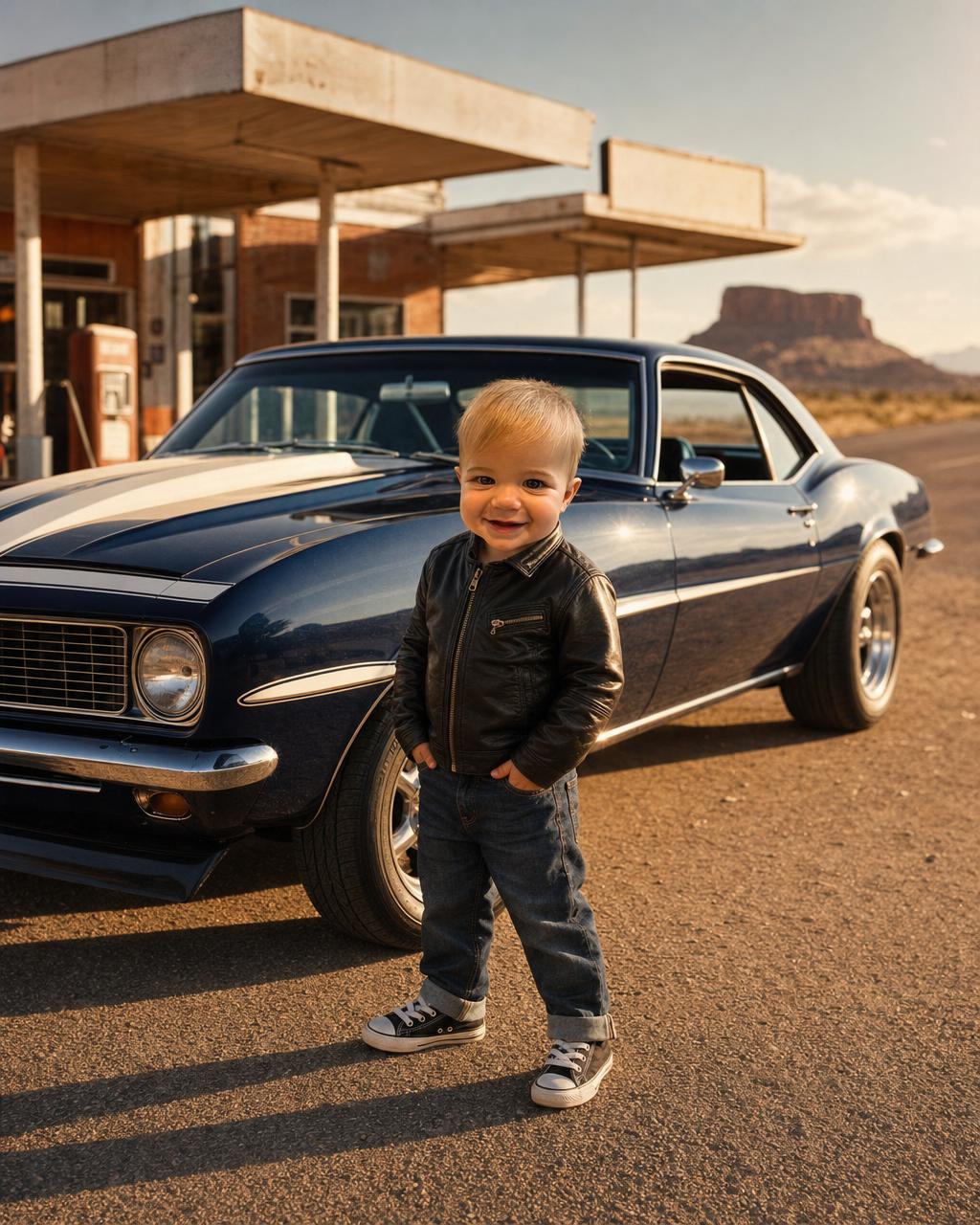 Example custom muscle car puzzle render: a boy standing beside a gleaming midnight-blue classic muscle car with chrome bumpers and white racing stripes on a golden-hour desert highway, a personalized hot rod gift for kids.