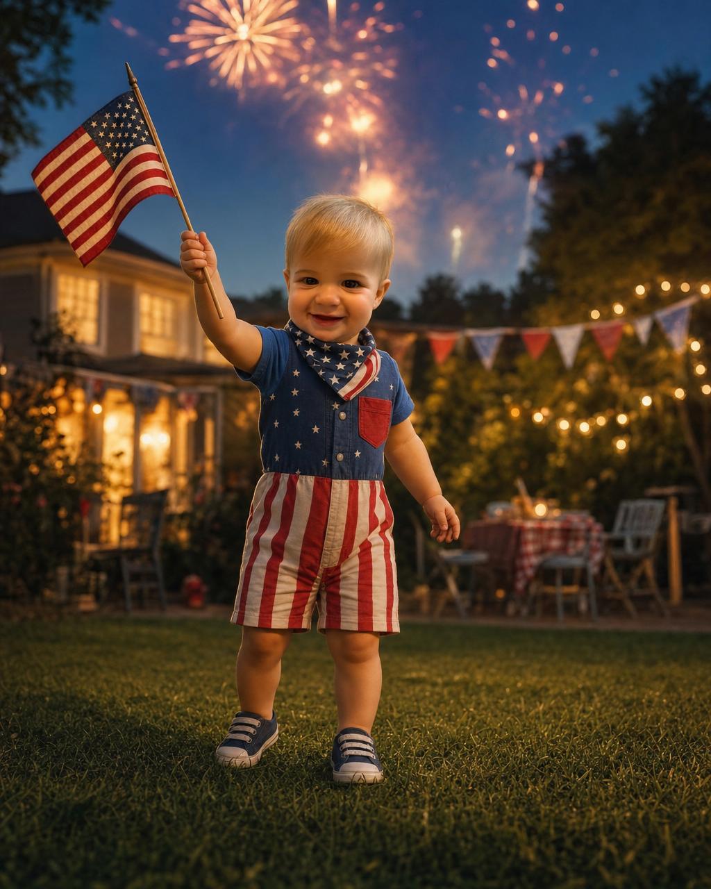 Another Fourth of July example: a boy with a small flag and a sparkler on a summer lawn lit by string lights, fireworks blooming in the deep-blue evening sky.