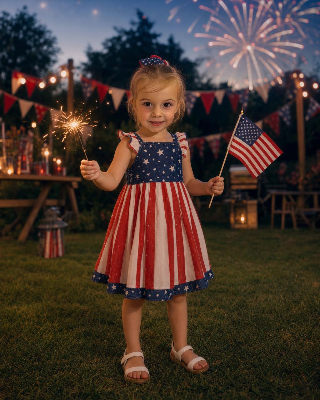 A girl reimagined as the star of an Independence Day backyard celebration, holding a sparkler under bursting fireworks, an example of the personalized Fourth of July keepsake puzzle.