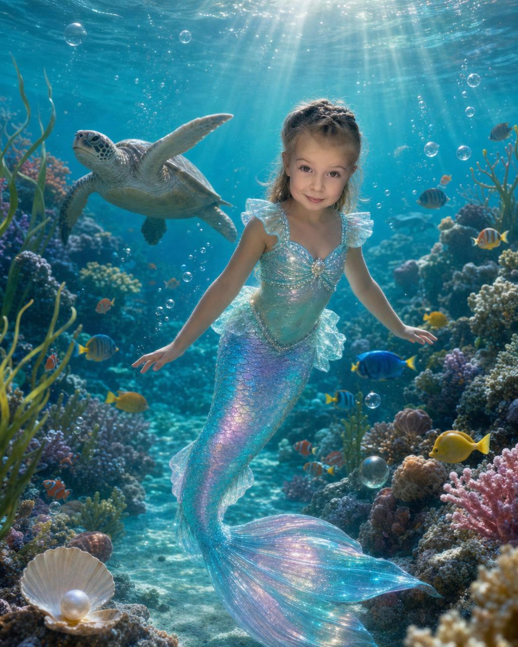 Another Mermaid Lagoon example: a young mermaid with a shimmering tail gliding past coral and tropical fish in clear turquoise water.