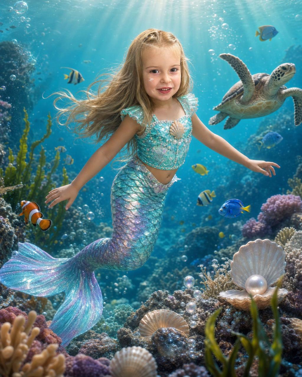 A young mermaid among rising bubbles and soft sunbeams gliding over a coral reef, another example of the personalized mermaid puzzle.