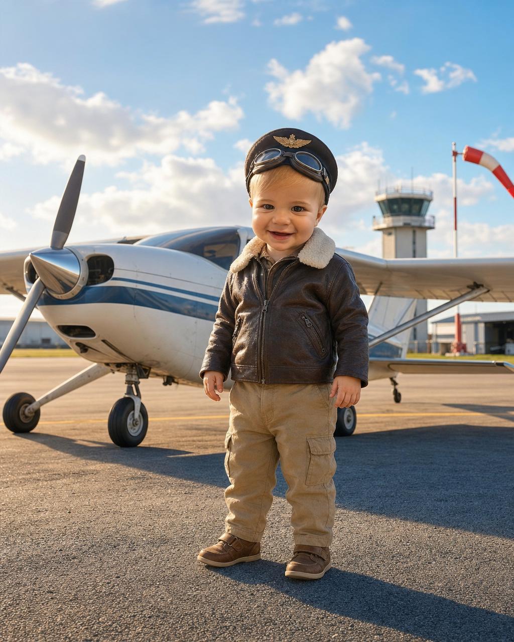 Another Little Pilot render: a boy pilot on an airfield tarmac with a control tower and windsock behind him and a bright blue sky overhead.