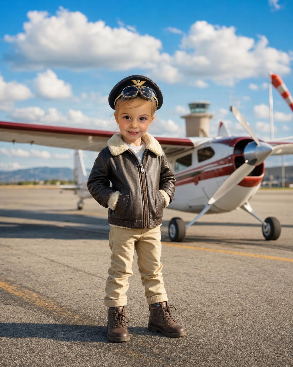 A girl reimagined as a young pilot beside a small plane on a sunny runway, an example of the personalized airplane puzzle keeping the child's likeness.