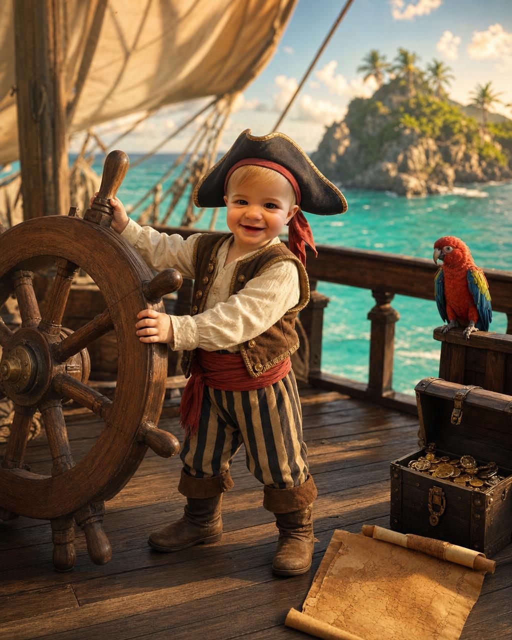 Another Pirate Cove example: a young captain in a pirate hat and waistcoat beside an open treasure chest, billowing sails overhead.