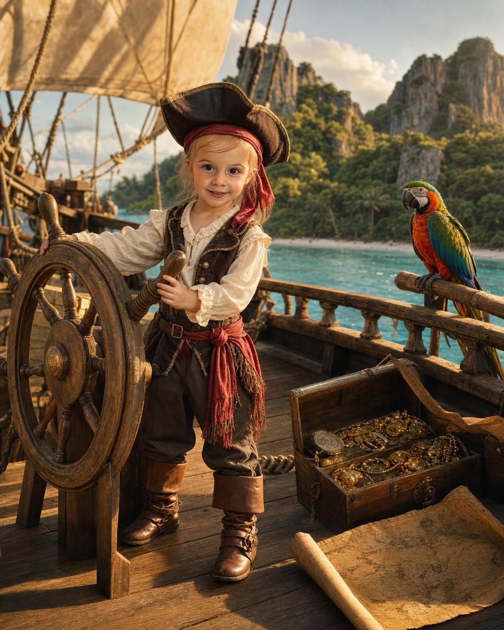 A girl reimagined as a pirate captain on the deck of a tall ship above a turquoise cove, showing how the personalized portrait keeps each kid's real face.