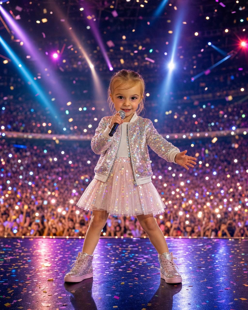 Another Pop Star example: a young girl singing on a big stage with confetti falling and a cheering crowd glowing behind her.