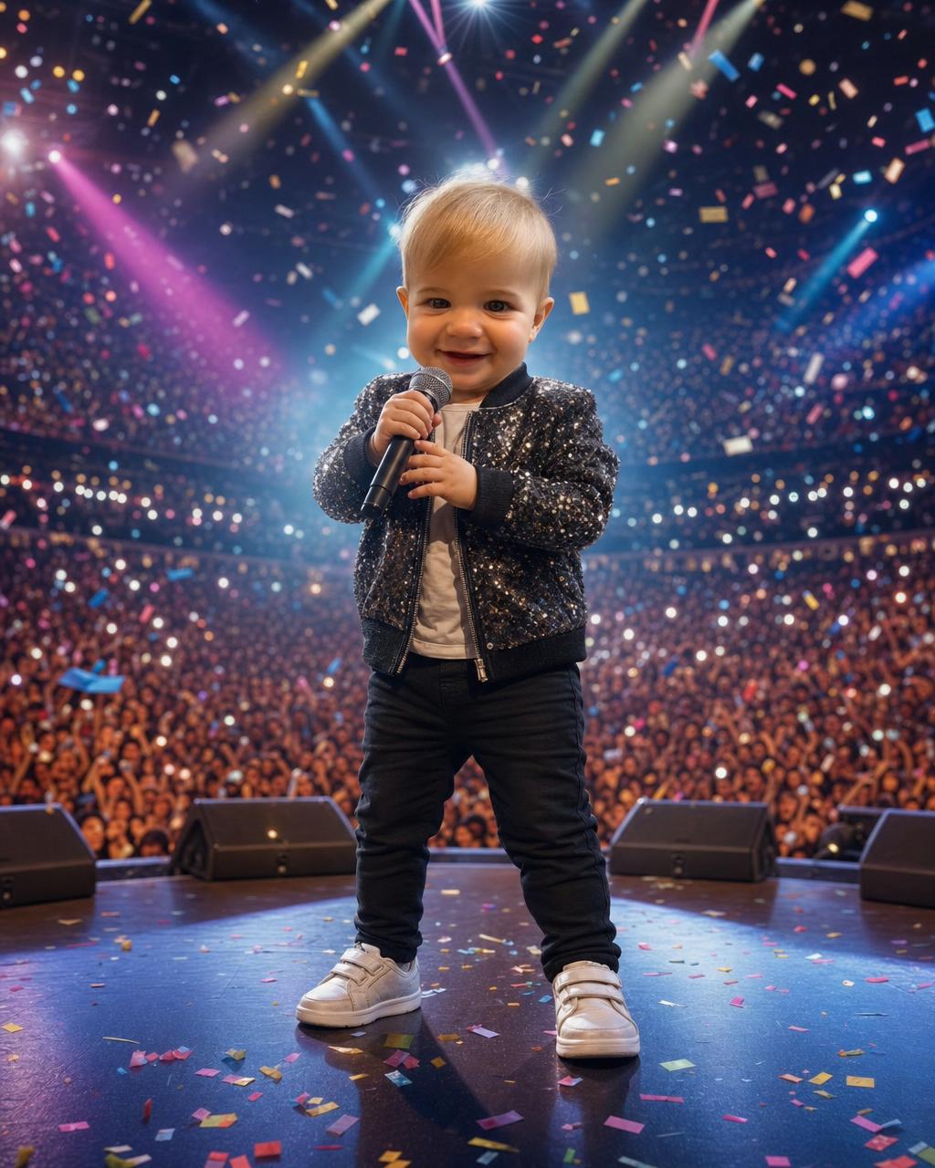 A boy reimagined as a pop star on a sold-out concert stage, showing how the personalized portrait keeps each kid's real face.