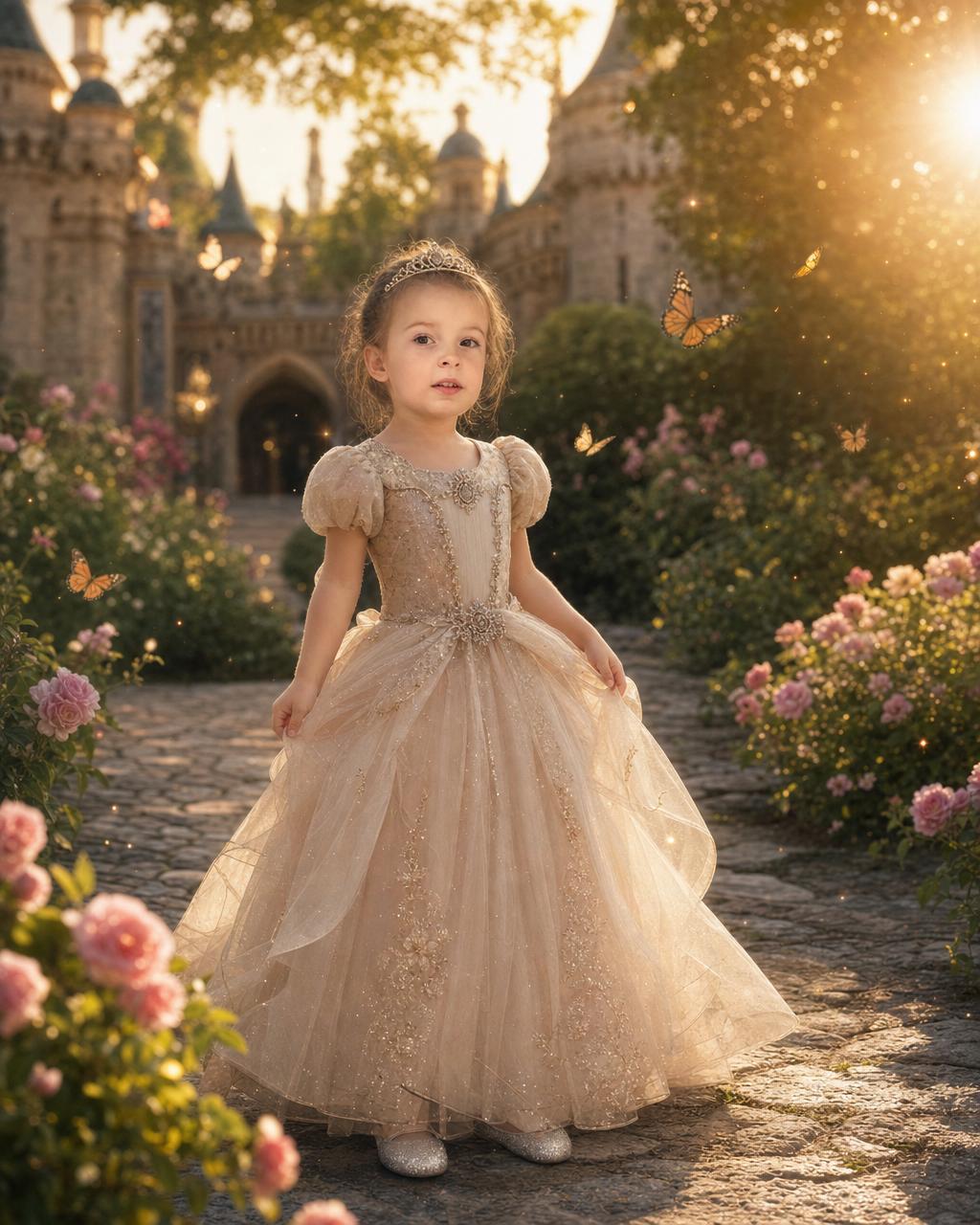 Another Princess Kingdom example: a young royal in a fairytale gown and small tiara in an enchanted castle garden at golden hour.