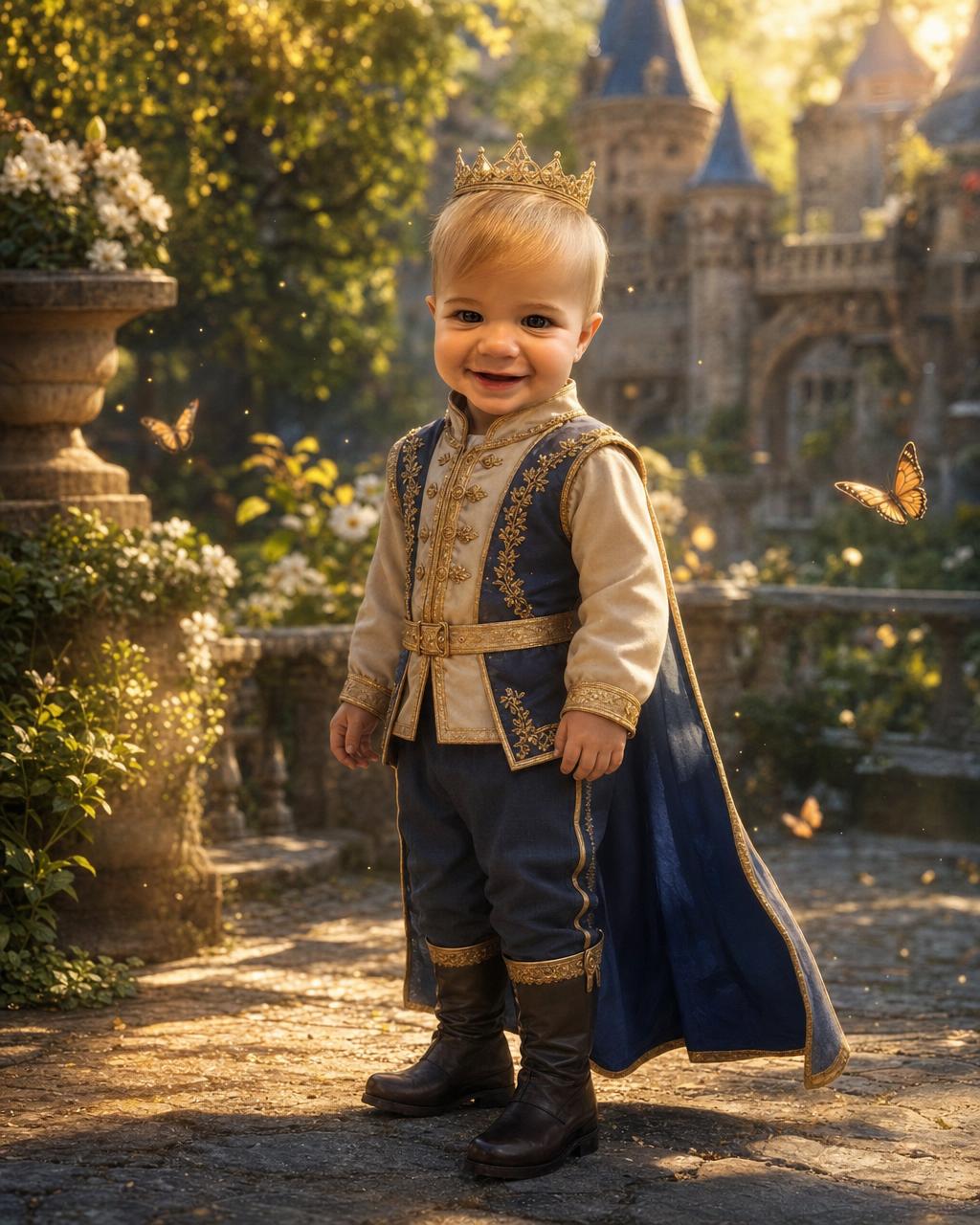 A young boy painted as a prince in the same enchanted castle setting