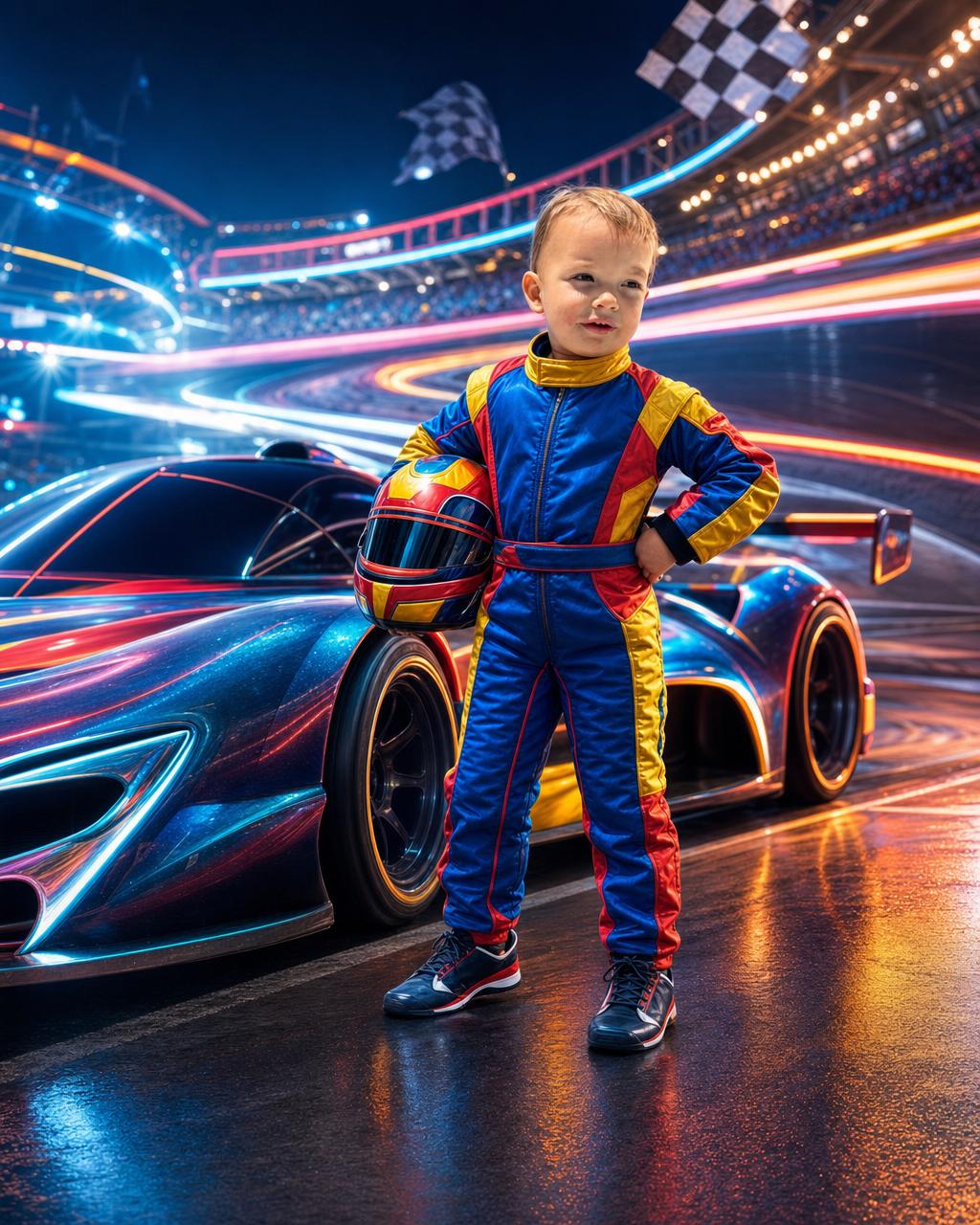 Another Victory Lane example: a young driver in a colorful racing suit beside a sleek car on a glowing neon speedway with light trails.