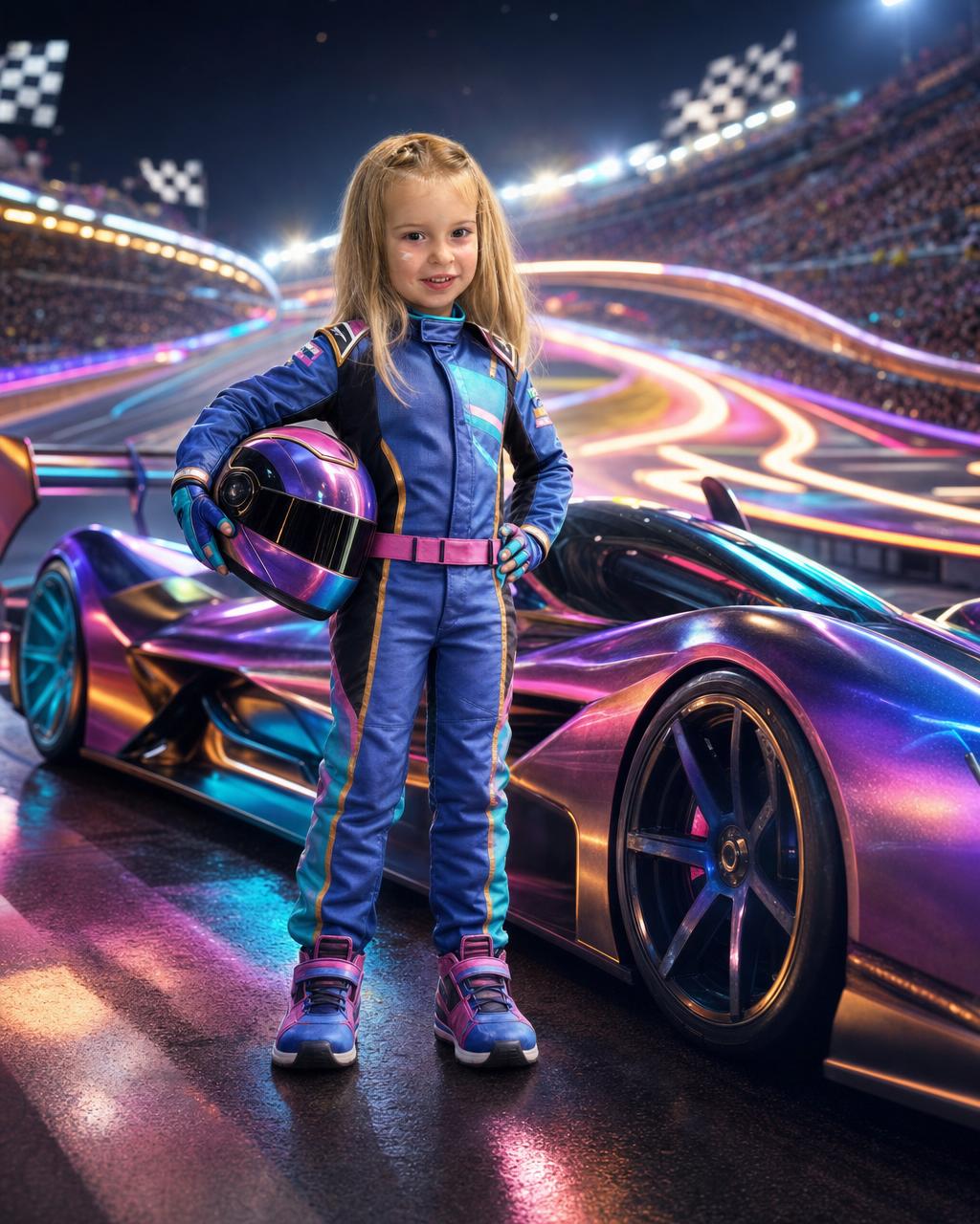 A different child as a champion race car driver under bright stadium lights, an example of the personalized racing puzzle portrait.