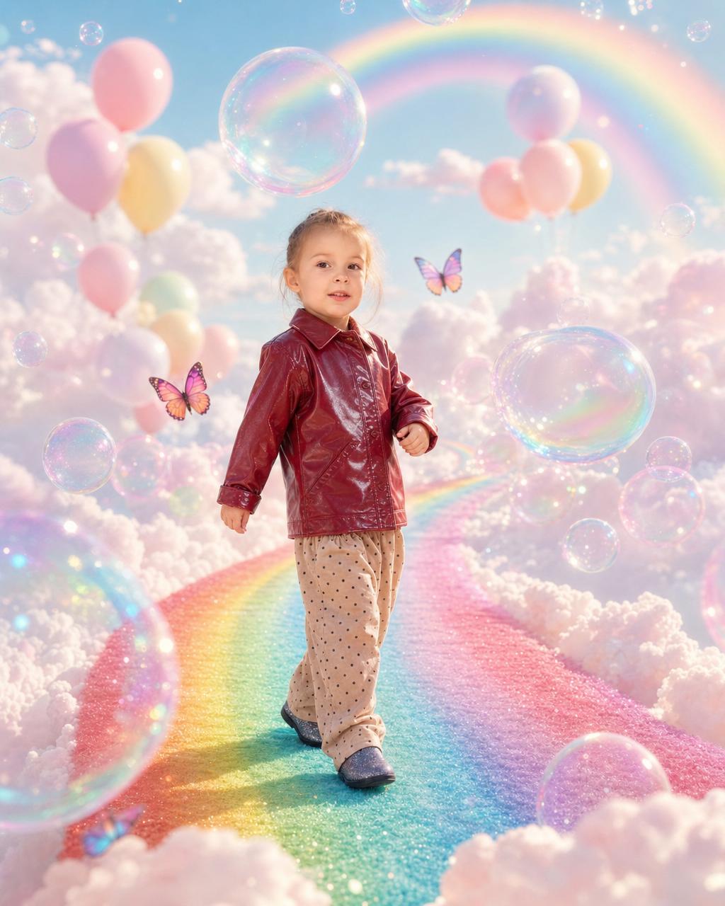 Another Rainbow Dreamland example: a child walking a pastel rainbow road among giant soap bubbles and drifting balloons under a soft daydream sky.