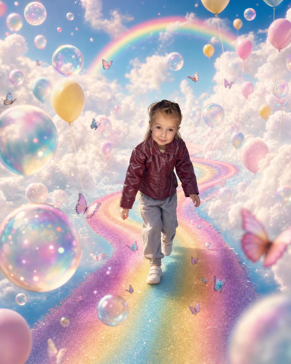 A different child as the hero of the rainbow world, surrounded by butterflies and floating bubbles in a bright pastel sky.