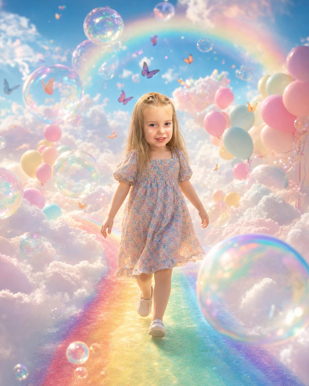 Example render of a smiling child as the hero of a personalized Rainbow Dreamland puzzle, walking a rainbow road through pastel clouds with floating bubbles, balloons, and butterflies.