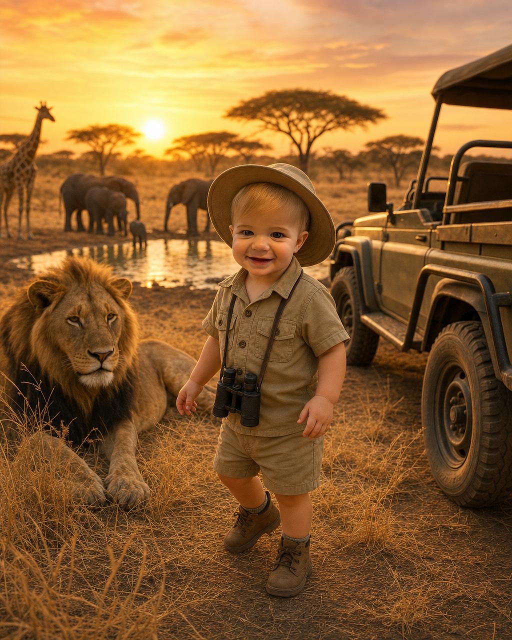 Another Jungle Safari example: a young explorer with binoculars near a peaceful watering hole, a giraffe and acacia trees against the orange sunset sky.