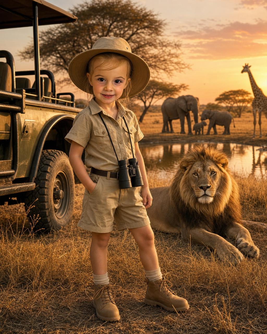 A girl reimagined as a safari explorer on the golden savanna among gentle animals, showing how the personalized portrait keeps each kid's real face.