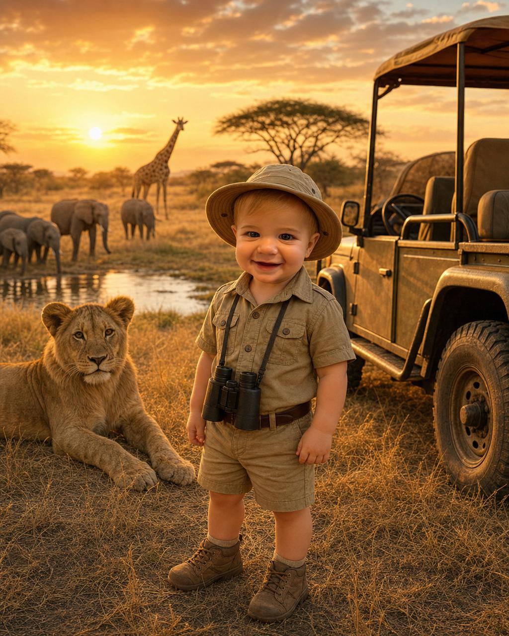 Example custom safari puzzle render: a child in a khaki safari outfit and wide-brim hat beside an open jeep on a golden savanna at sunset, a calm lion and distant elephants nearby, a personalized safari gift for kids.