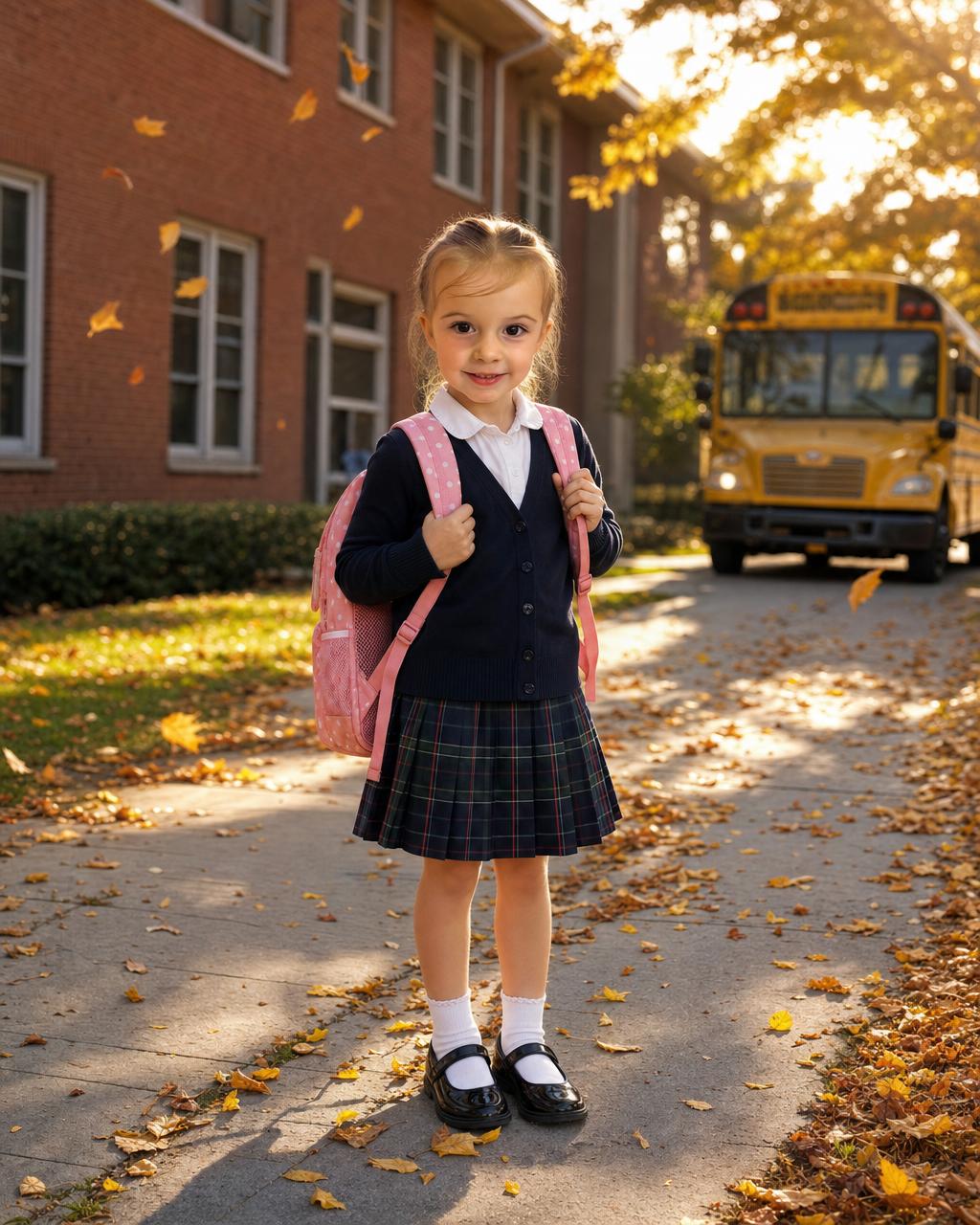 Another Back to School example: a happy girl in a tidy first-day outfit on a leaf-strewn sidewalk, a glossy yellow school bus and friendly schoolhouse behind her in the warm morning light.