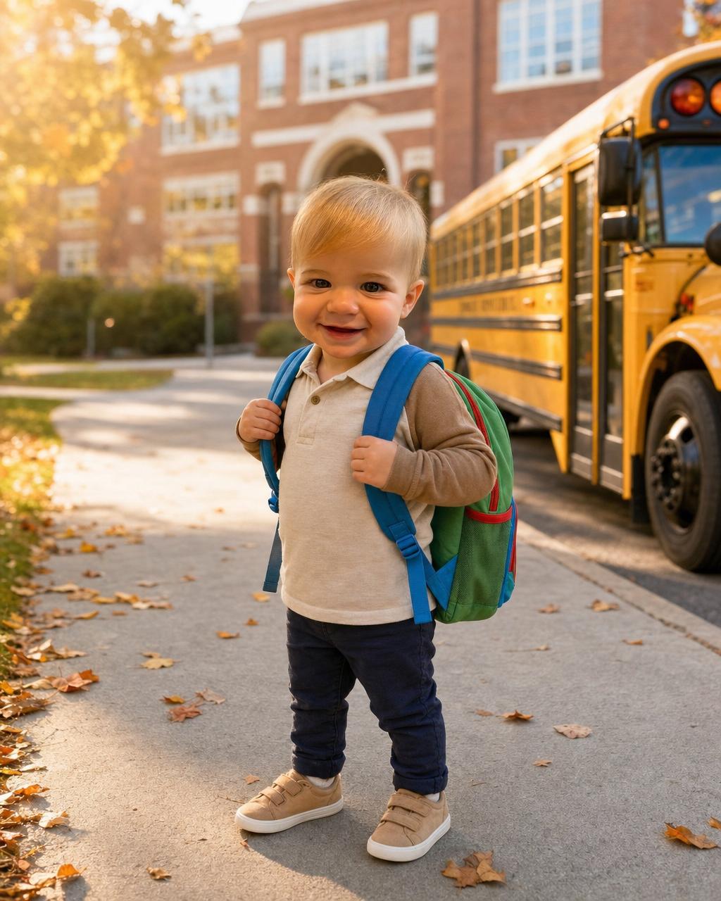 A boy reimagined as the star of his first day back at school, a bright backpack on his shoulders and a yellow school bus parked behind, an example of the personalized back-to-school keepsake puzzle.