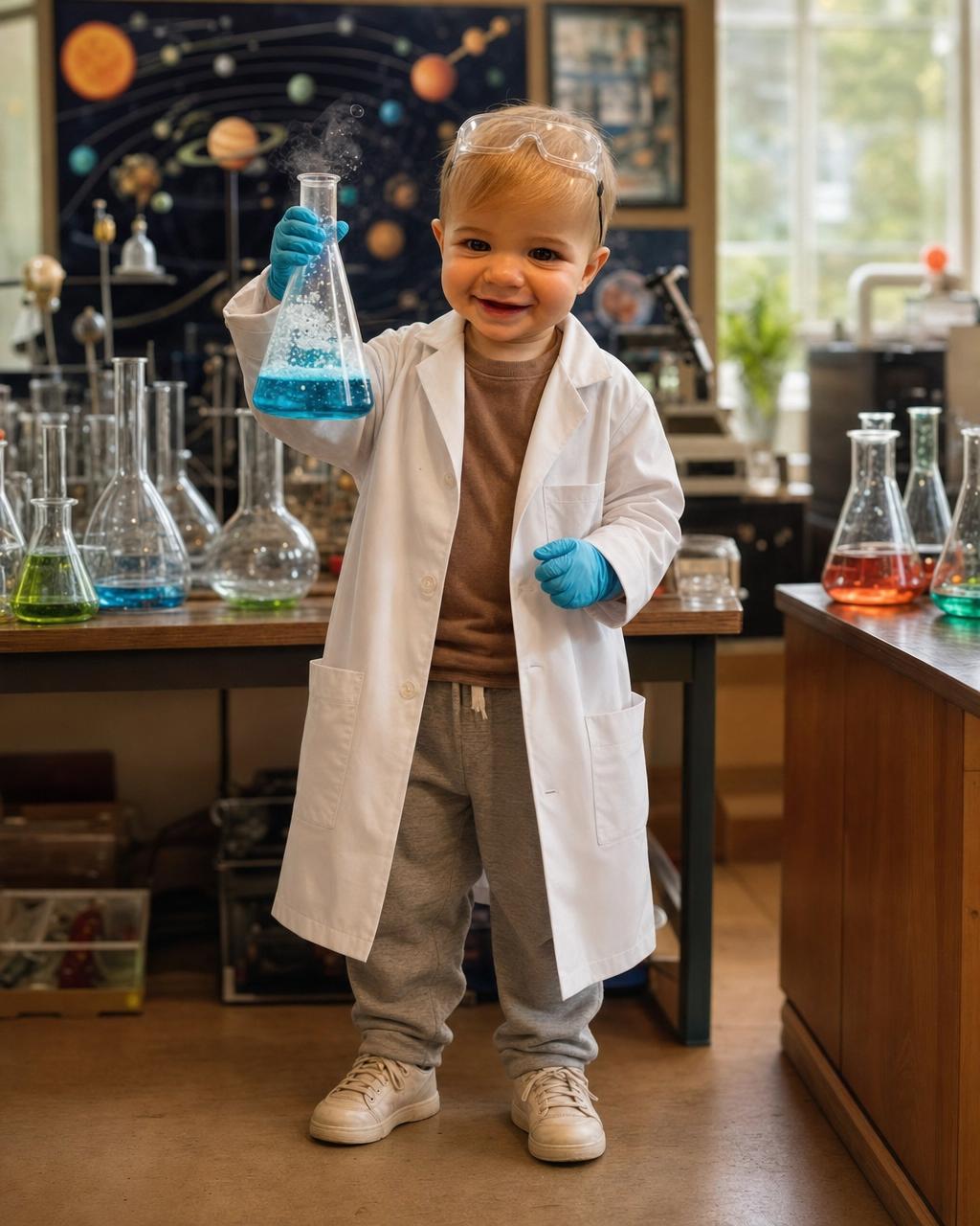 Another Super Scientist render: a boy in a lab coat and goggles making a big discovery among glowing flasks and beakers in a bright laboratory.