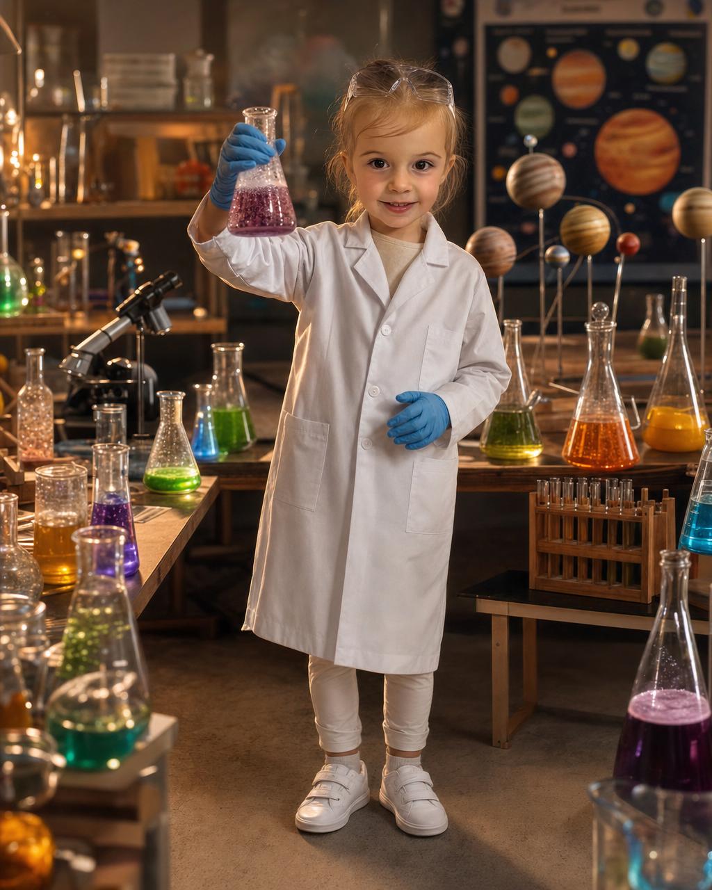A girl reimagined as a curious young scientist in a white lab coat and goggles, an example of the personalized science puzzle keeping the child's real likeness.