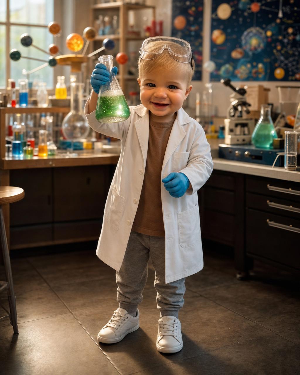 Personalized science puzzle showing a boy as a happy young scientist in a white lab coat and safety goggles, holding up a fizzing flask at a busy lab bench with bubbling beakers.