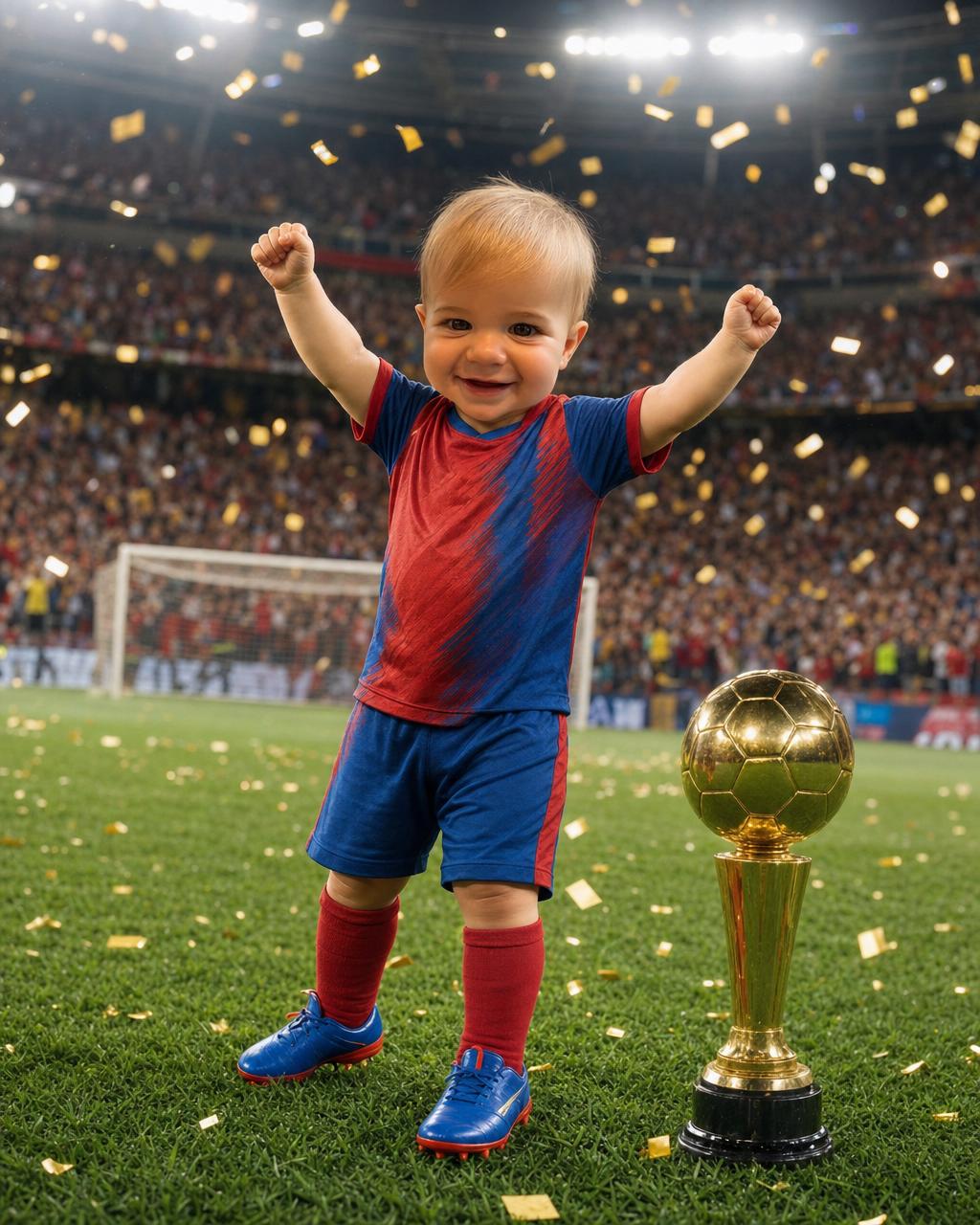 Another Soccer Star render: a boy in a colorful kid-sized soccer kit celebrating on a green pitch beside a golden trophy with the crowd roaring behind him.