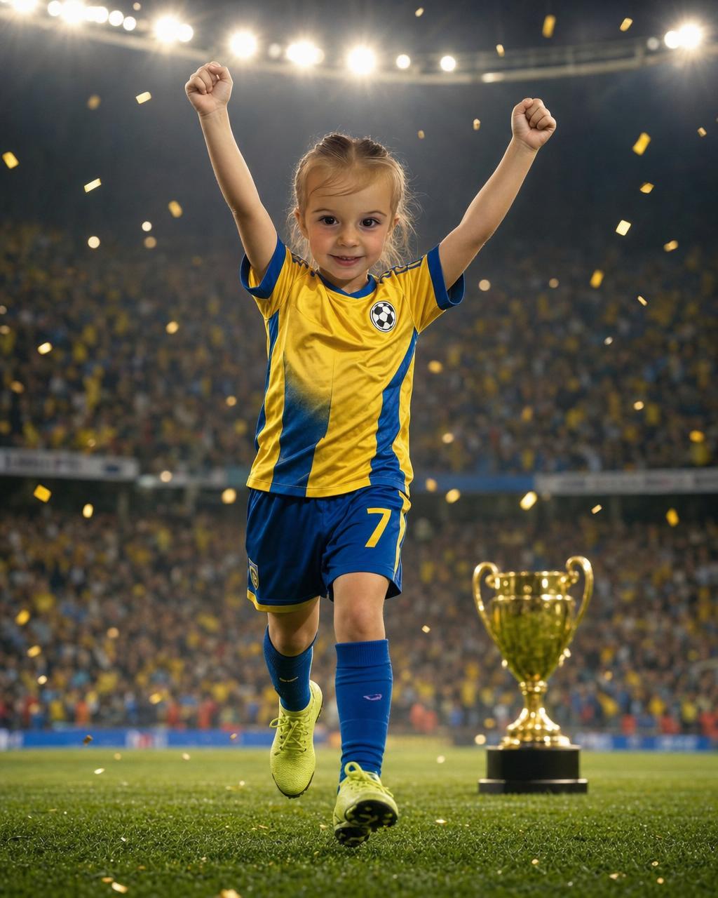 A girl reimagined as a soccer star mid-celebration on the pitch, an example of the personalized soccer puzzle keeping the child's likeness.