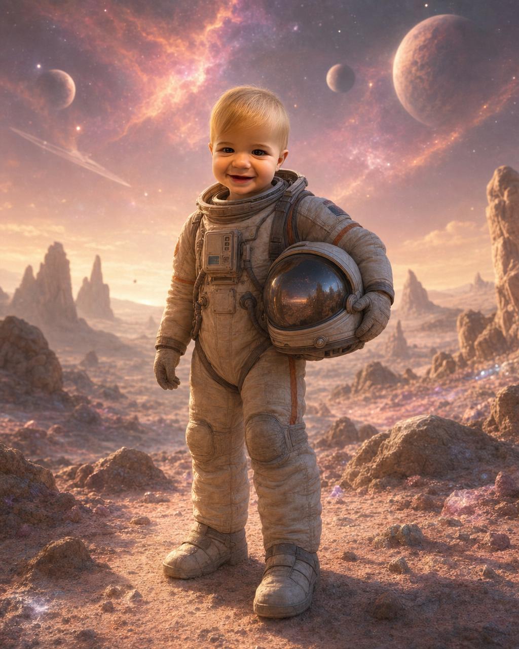 Another Space Explorer render: a child in a detailed spacesuit holding their helmet on a pastel alien planet beneath a glowing nebula.