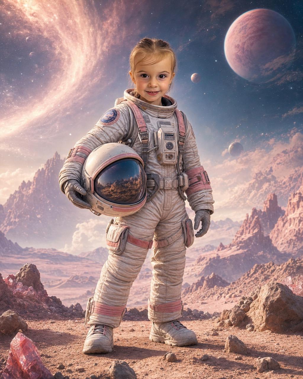 A different young astronaut standing on a faraway world, an example of the personalized space puzzle keeping the child's likeness.