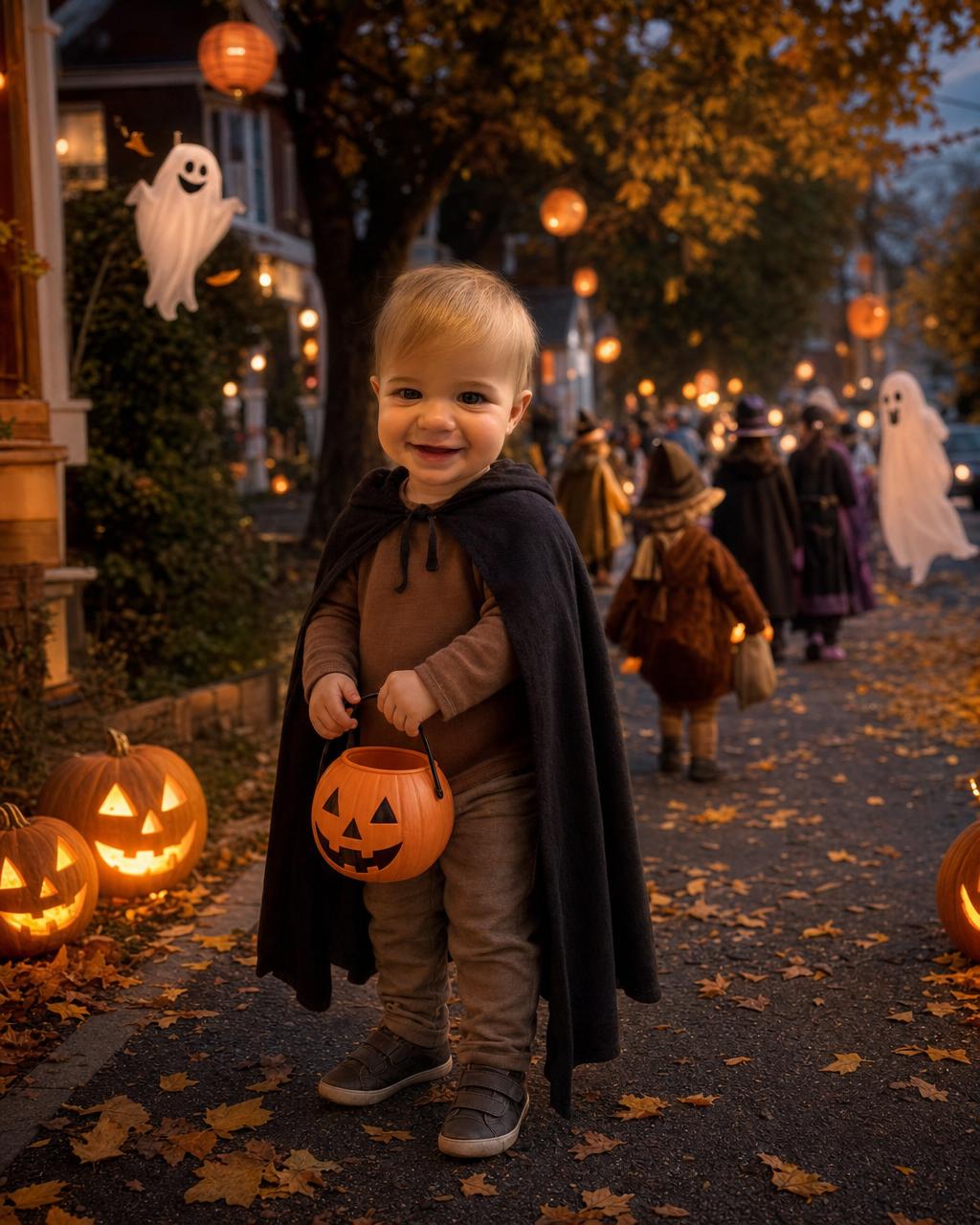 Another Spooky Night example: a boy in a soft costume cape holding a treat bucket on a warm-lit street with a cheerful costume parade and glowing jack-o-lanterns.