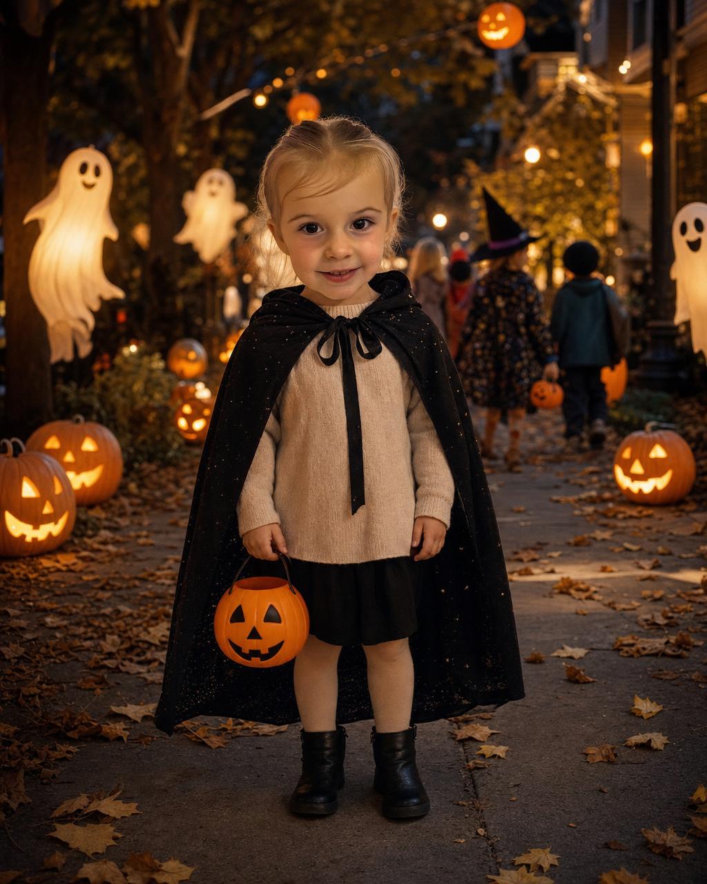 A girl reimagined as the star of a friendly Halloween night, an example of the personalized Spooky Night keepsake puzzle.
