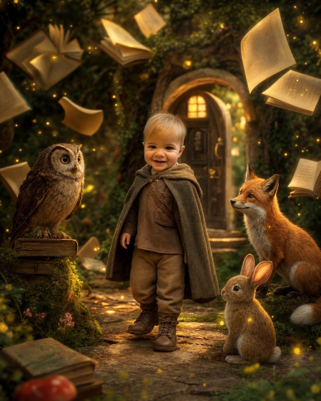Another Storybook Land example: a young boy hero in a forest clearing of rising storybooks and floating golden letters, with a wise owl and gentle fox gathered close.