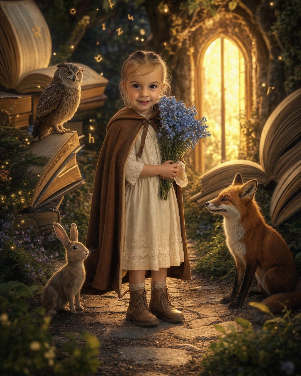 A girl reimagined as the hero of Storybook Land beside a magic doorway and talking animals, an example of the personalized fairytale puzzle keeping the child's real face.