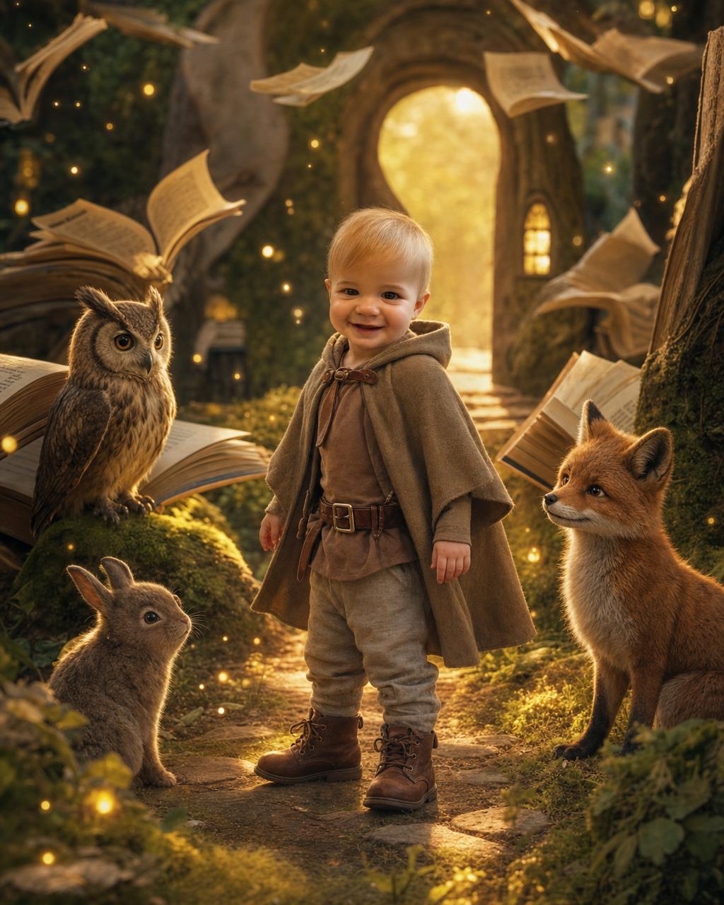 Example custom storybook puzzle render: a boy as the young hero of Storybook Land in a cozy cloak, surrounded by giant open storybooks, friendly talking animals, and a glowing magic doorway, a personalized fairytale gift for kids.