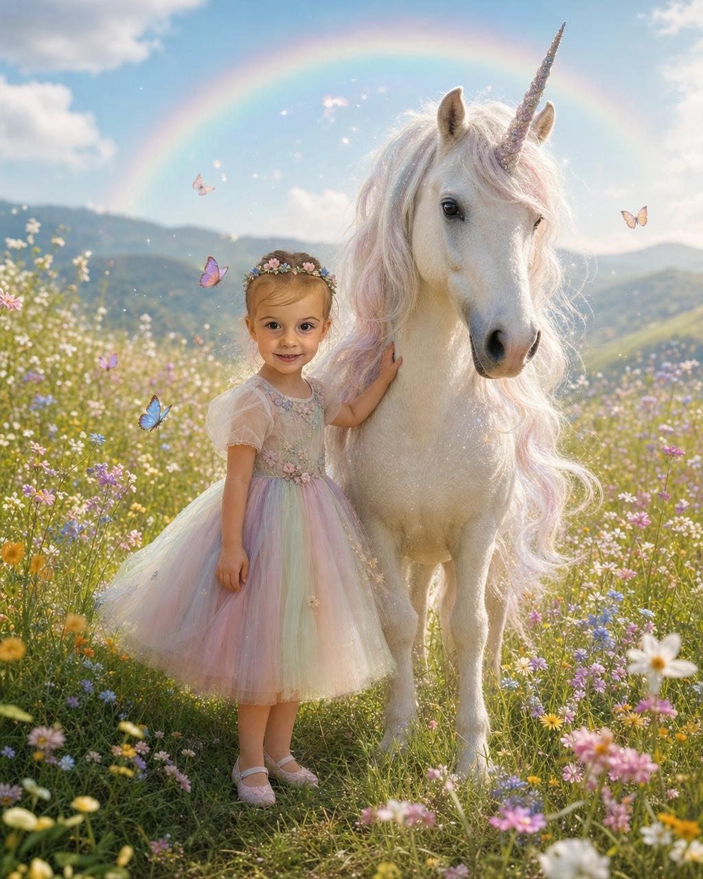 Another Unicorn Meadow example: a child resting a hand on a sparkling unicorn's neck among wildflowers and drifting butterflies.