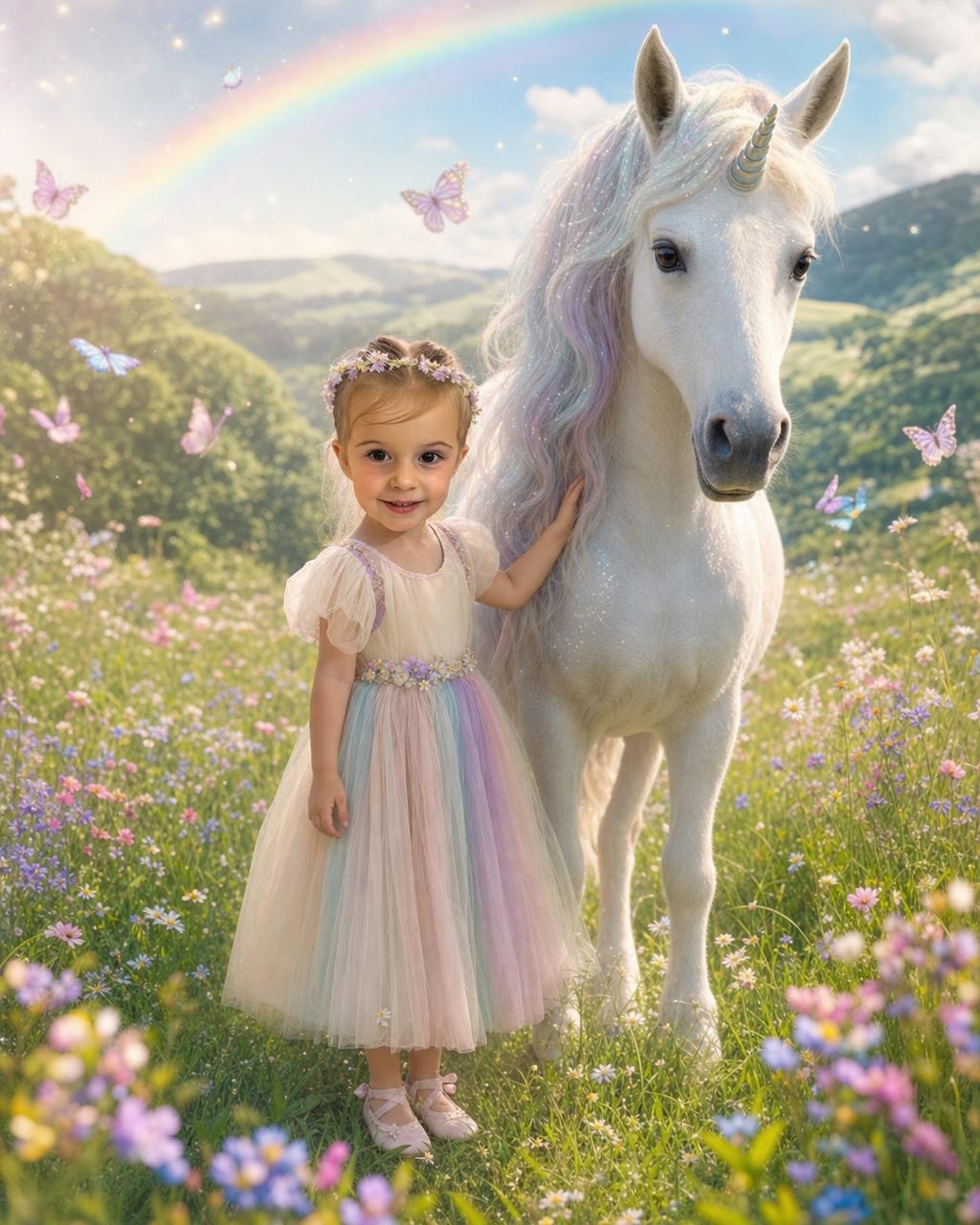 A different child beside her sparkling unicorn under the pastel rainbow, showing how the personalized unicorn puzzle keeps each kid's real face.