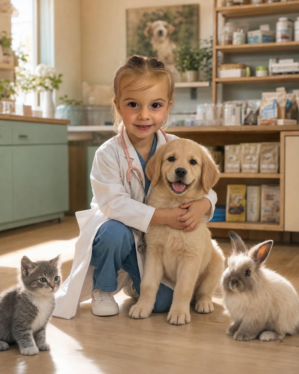 Another Pet Vet example: a young girl veterinarian with a toy stethoscope tending to a soft kitten and a fluffy bunny in a sunlit clinic.