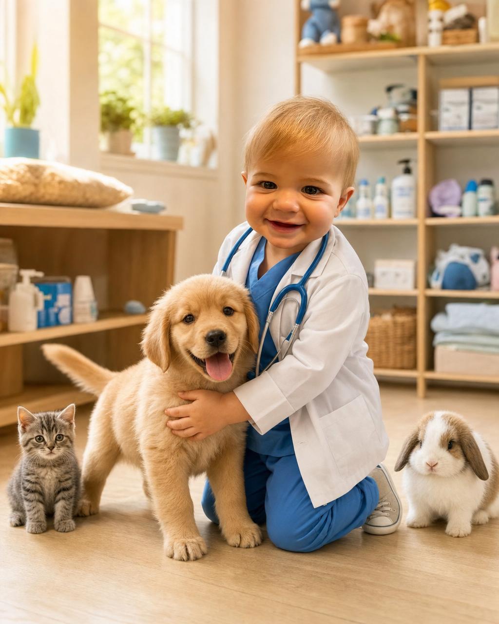 A boy reimagined as a cheerful pet vet kneeling beside a wagging puppy, showing how the personalized portrait keeps each kid's real face.