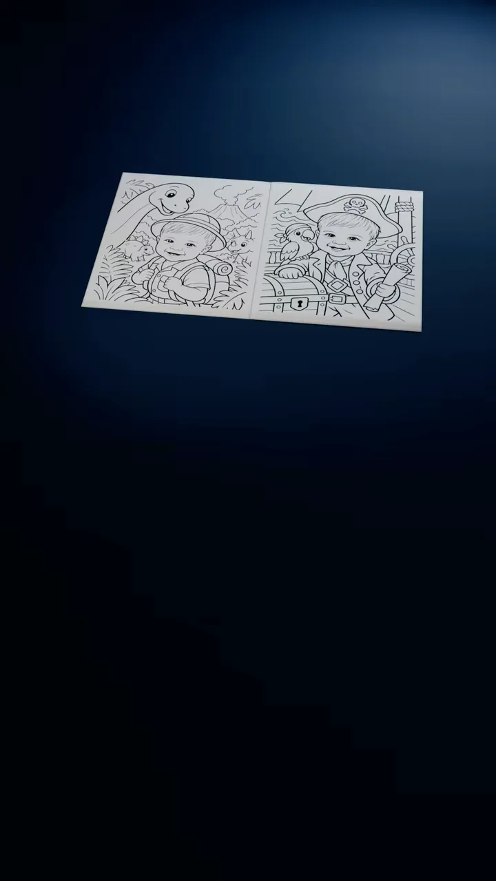 A printed coloring book lies open in a dark room, its pages turning one by one, each a different world drawn around the same little boy: an explorer with a dinosaur, a pirate captain, a firefighter, an astronaut, a chef, a race car driver