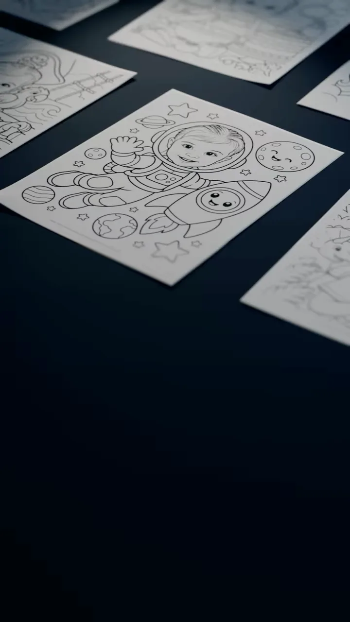 Printed coloring pages lie in a row on a dark table, and the camera glides along them as each one comes into focus: the same little girl as an astronaut beside a smiling rocket, a pirate captain, a mermaid and an explorer with a dinosaur
