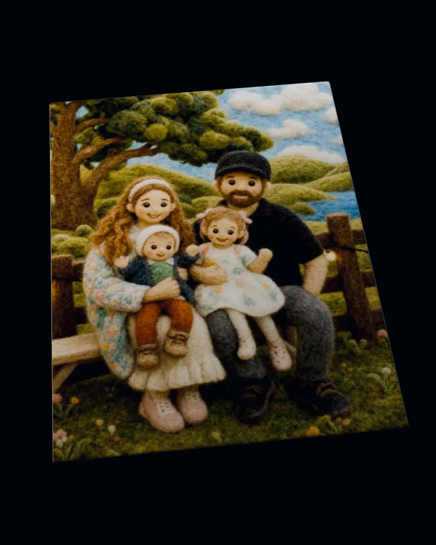 A family portrait in needle-felted wool, printed on a soft fleece blanket