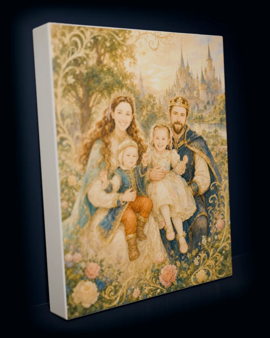 A family painted into a fairytale storybook scene with a castle behind them, printed as a gallery-wrapped canvas